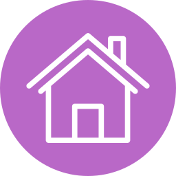Outline of a house with a gabled roof, a chimney, and a door, on a purple circular background.