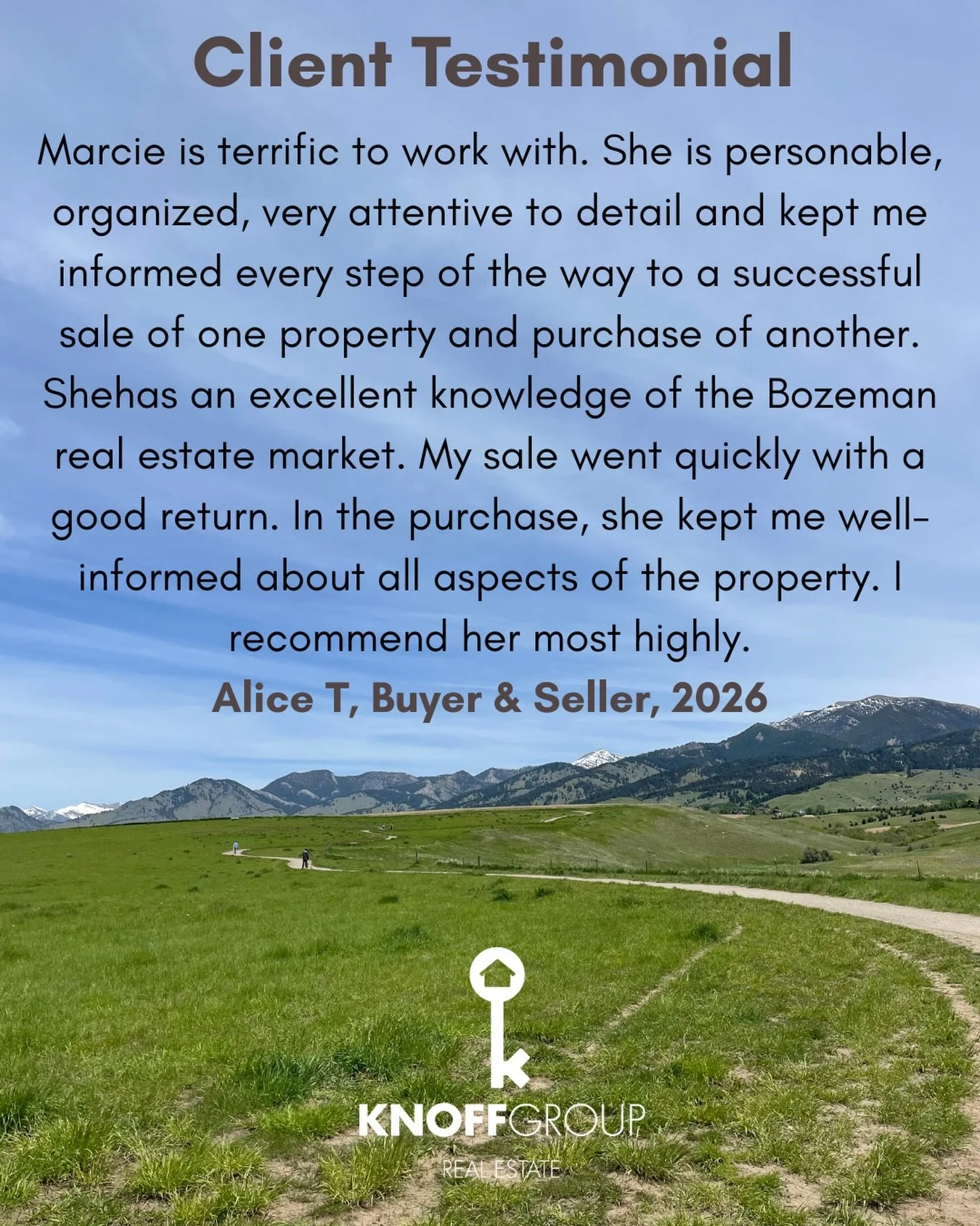 Another happy client ✨

Knoff Group Real Estate delivers a luxury experience at every price point across Southwest Montana.

Ready to make your move? Let&rsquo;s connect. 🏡
