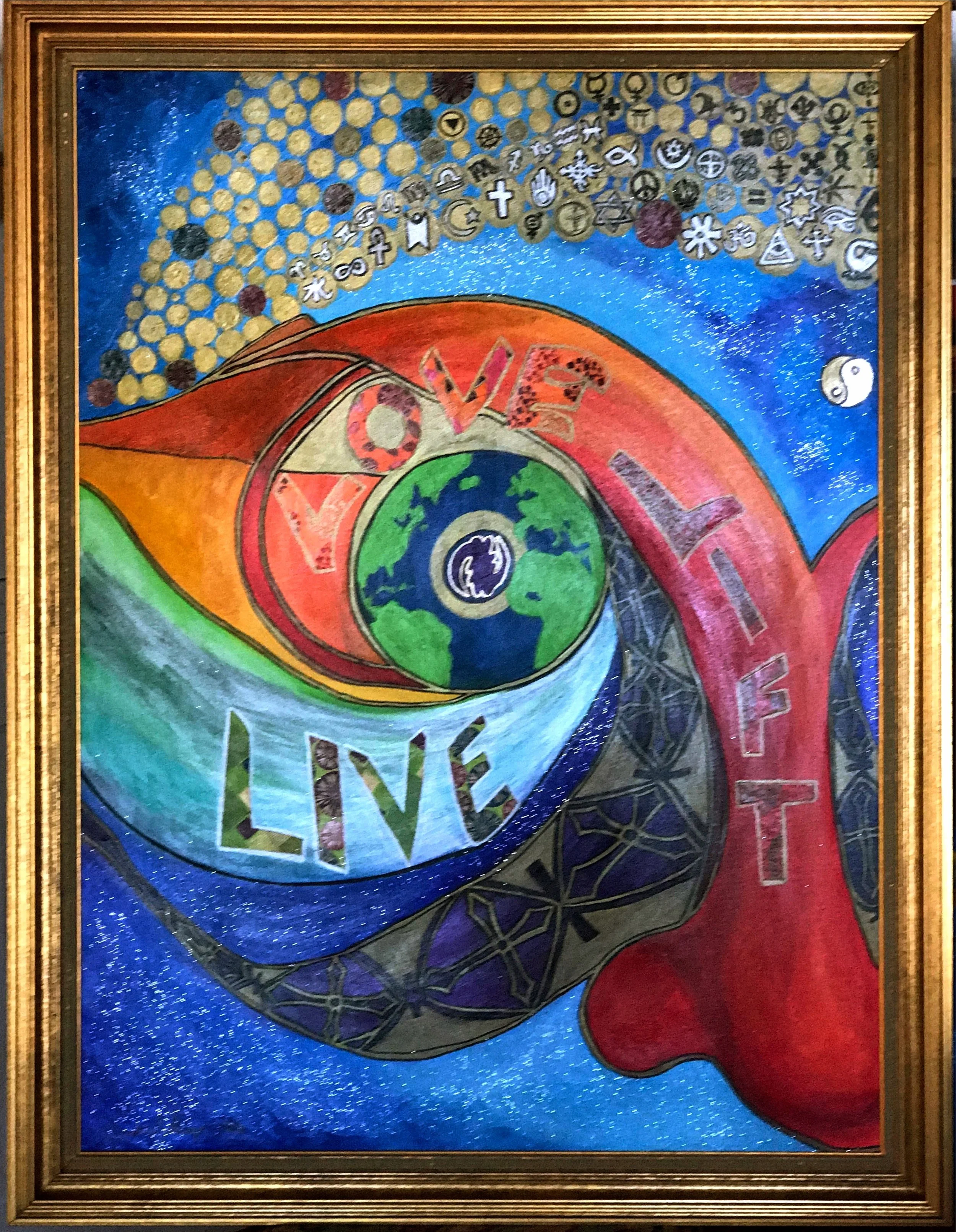 "On Purpose" Multimedia on canvas, 30" x 40", framed (2016).

This work was commissioned by The Open Church of Maryland for the occasion of it's 5th Church Anniversary. 

We live on purpose. 
We love on purpose. 
We lift on purpose.
