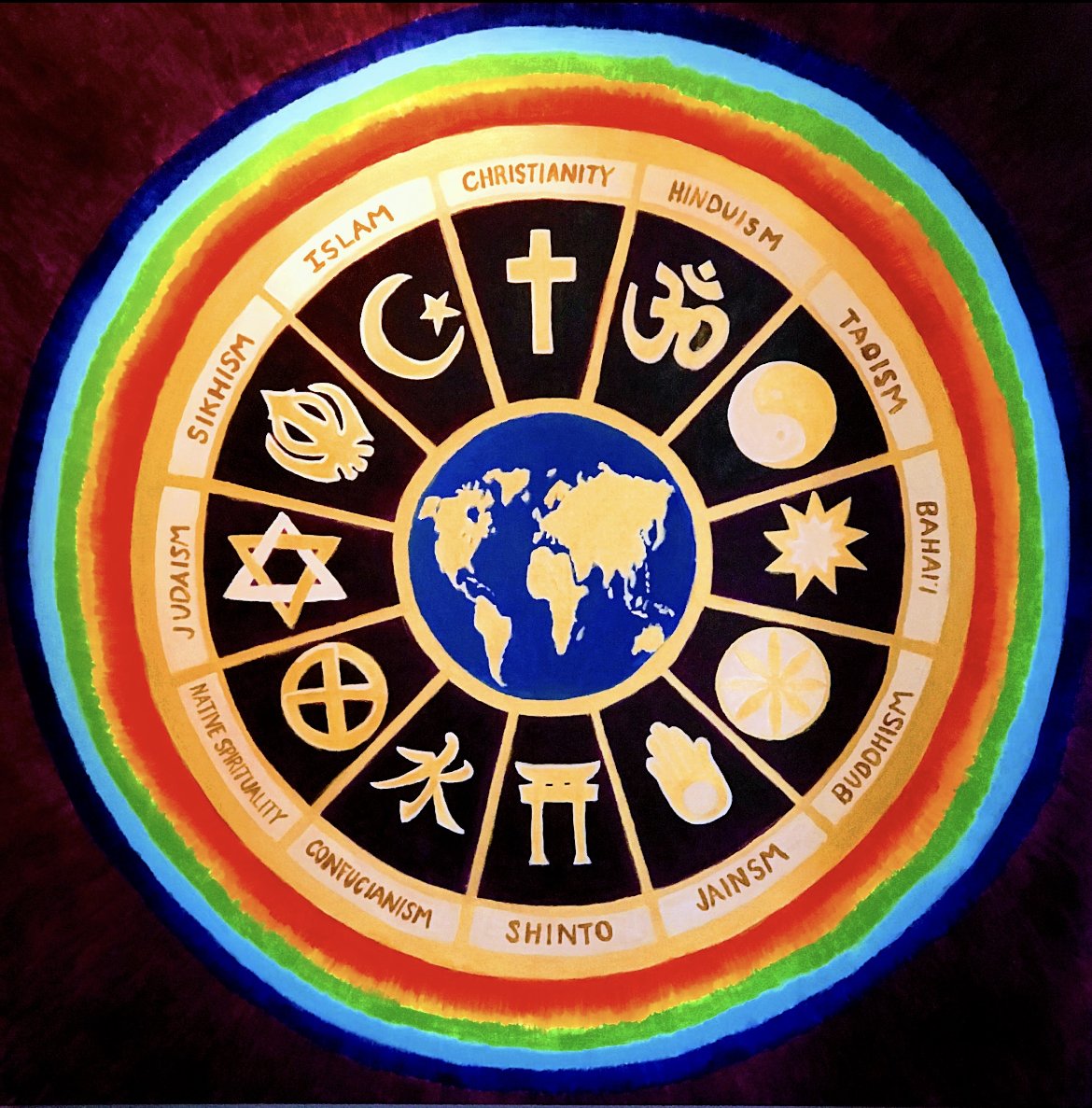 Compassionate Inter-faith Collaboration, Acrylic on canvas, 48" x 48", gallery edge (2018).

This painting was created as a gift to The Open Church of Maryland as adornment for our sanctuary. It represents one of the tenets of our mission. The Open C