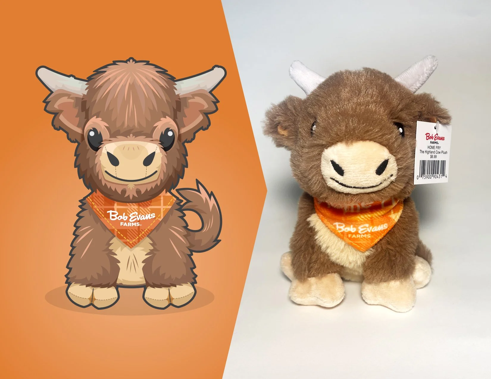 Home Fry The Highland Cow Plush illustration & final product.