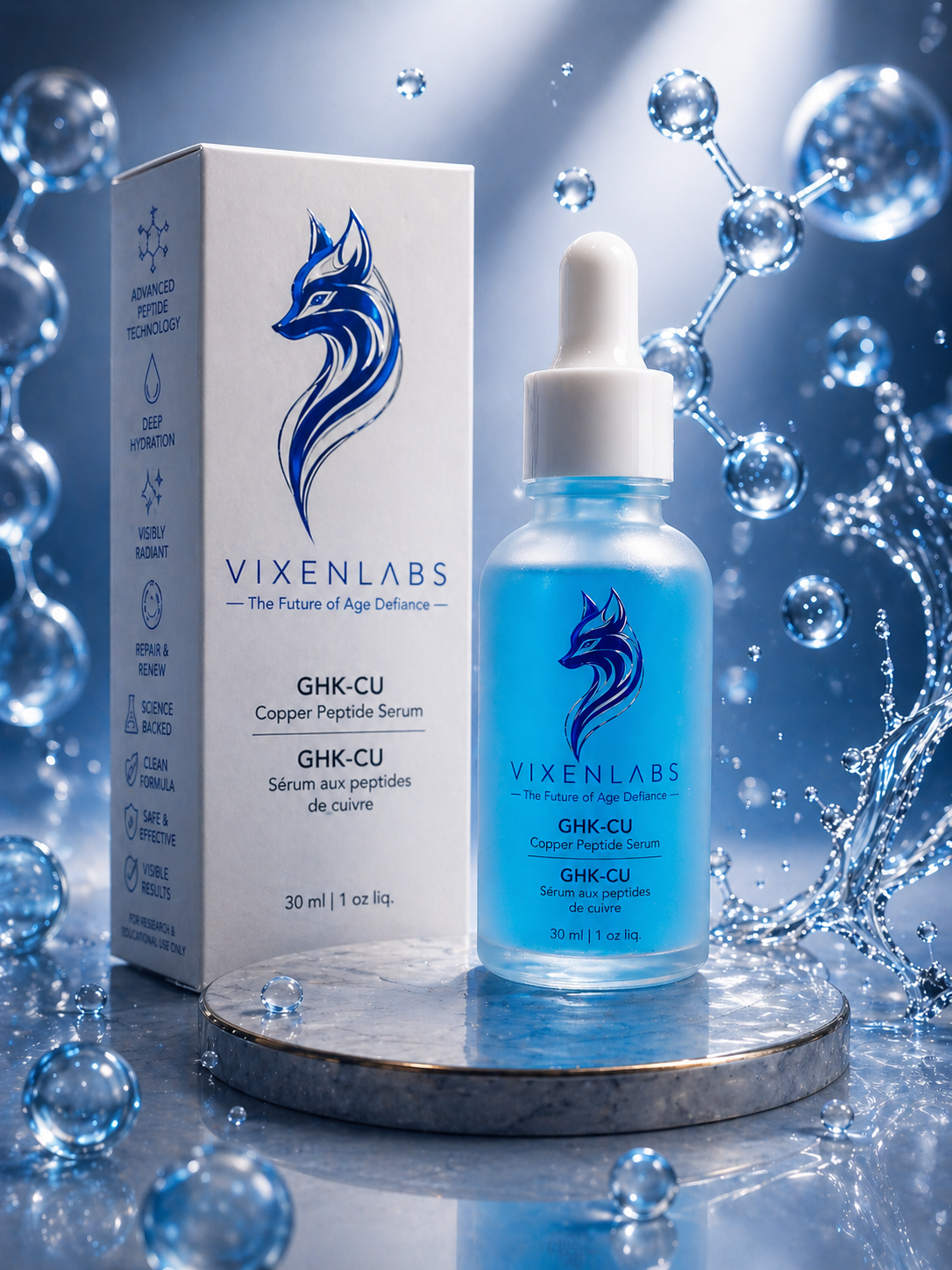 A Vixenlabs Copper Peptide Serum bottle and box on a marble pedestal, surrounded by water droplets and molecular structures, with a blue and silver futuristic background.
