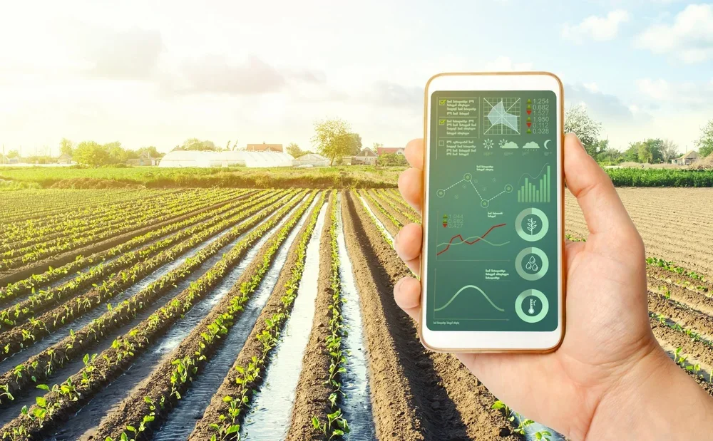 Smartphone displaying crop monitoring data over a farm field.