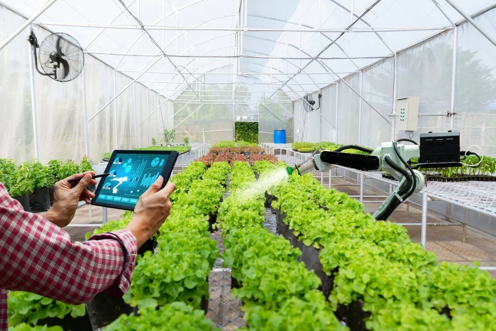 Smart greenhouse monitoring with crops and environmental data.