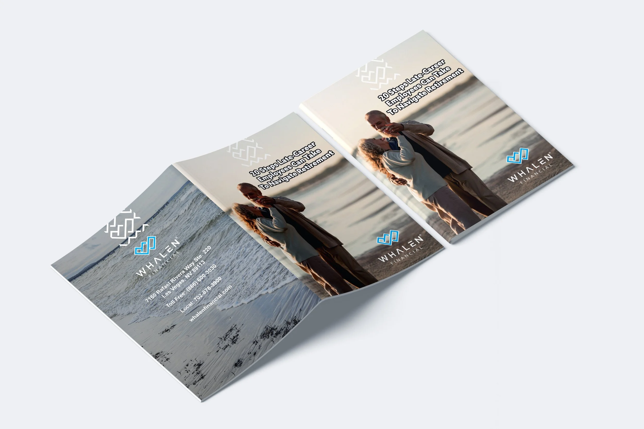 Brochure for Whalen Financial featuring a woman and a man on a beach, with a pier in the background, and text about retirement planning.