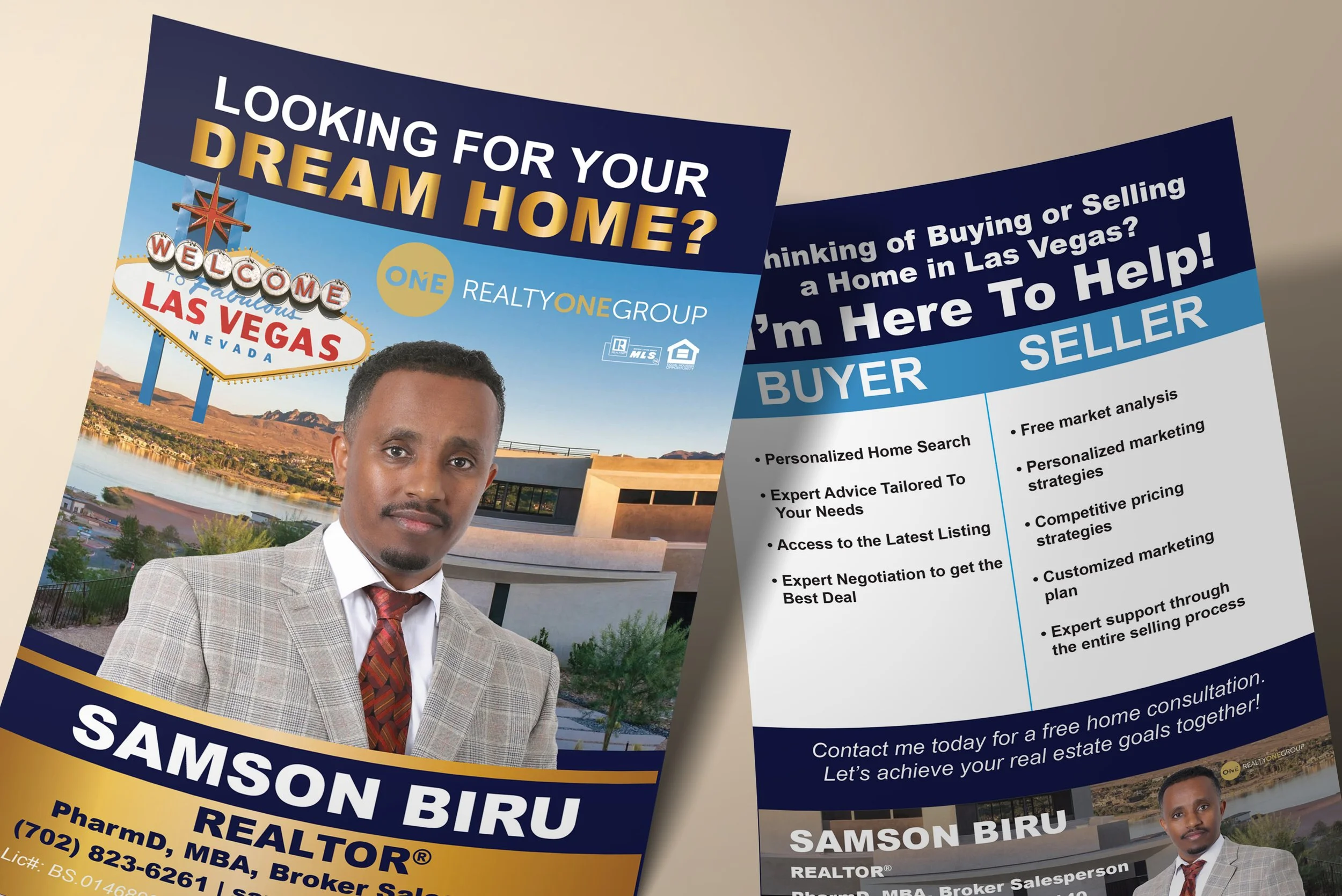 Real estate flyer featuring a man in a suit identified as Samson Biru, promoting home buying and selling services in Las Vegas with images of the Las Vegas welcome sign and cityscape in the background.