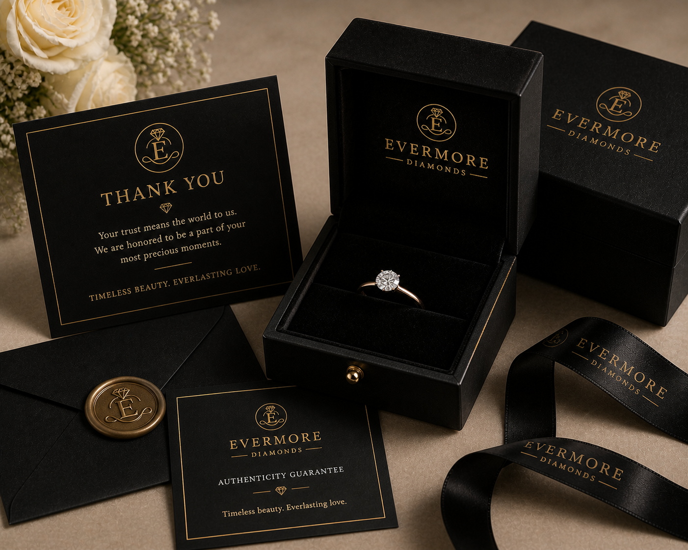 A diamond ring in a black jewelry box from Evermore Diamonds, accompanied by a thank you card, authenticity guarantee, black envelope with wax seal, and a black ribbon, all displayed on a beige surface.