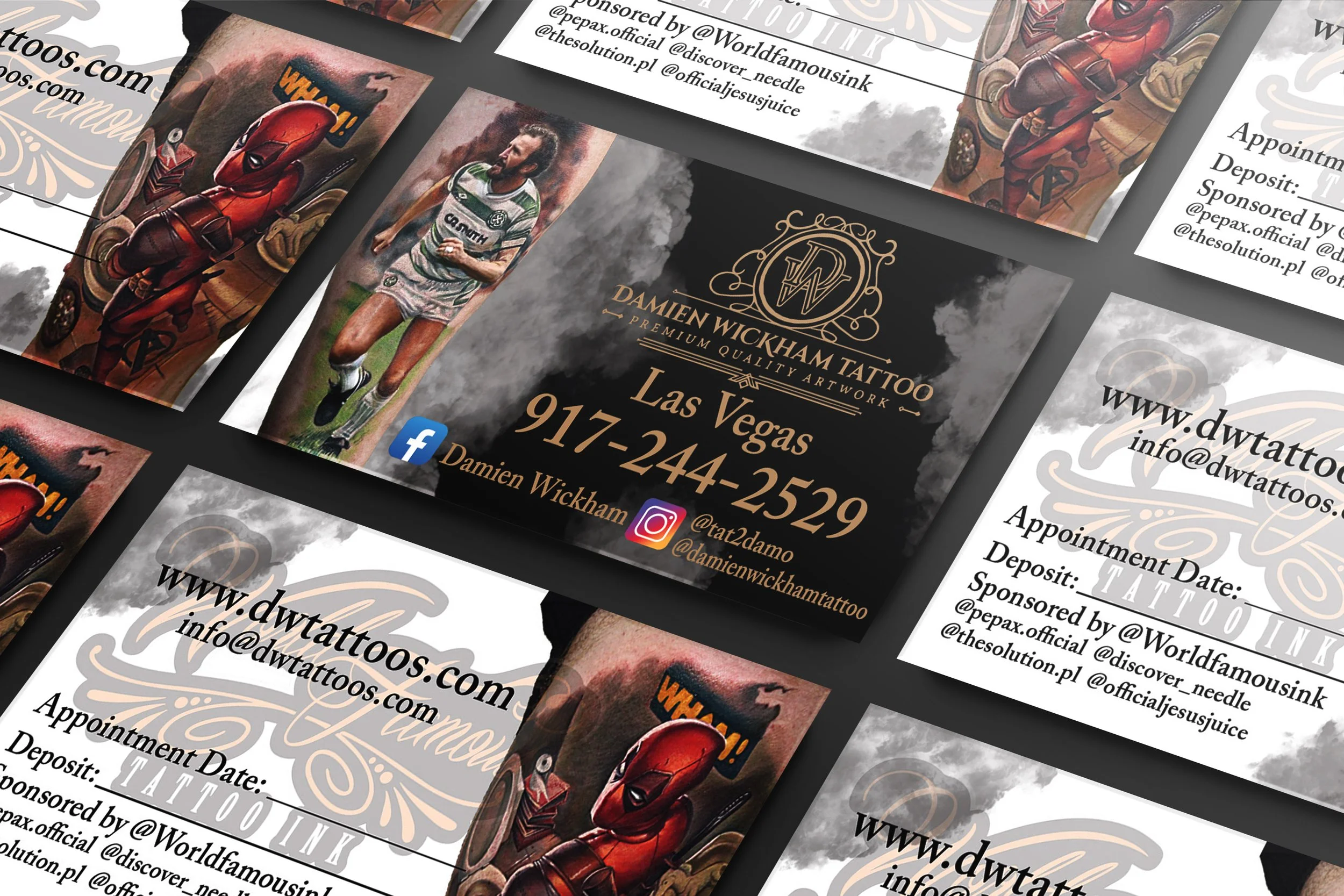 Business cards for Damien Wickham Tattoo featuring artwork of Deadpool and a rugby player, with contact information, social media icons, and website URL.