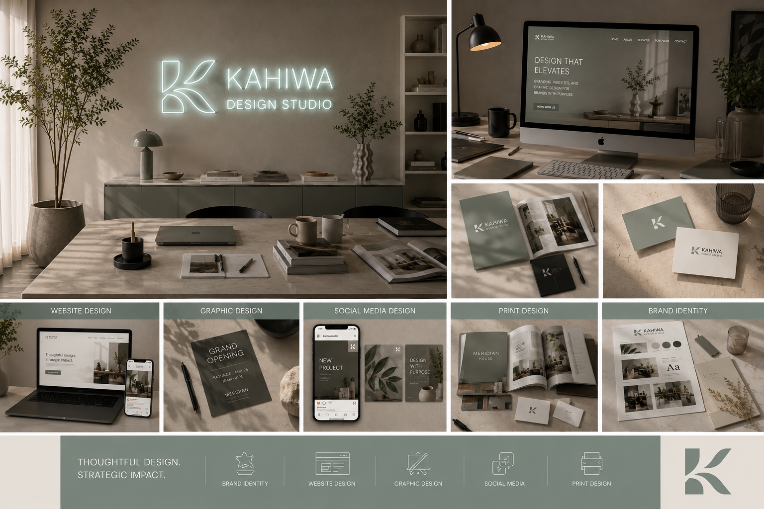 A modern design studio workspace with a large table, laptops, books, and coffee mugs, featuring a neon sign reading 'KAHIWA DESIGN STUDIO' on the wall. Multiple smaller images display website, graphic, social media, print design work, and brand identity materials.