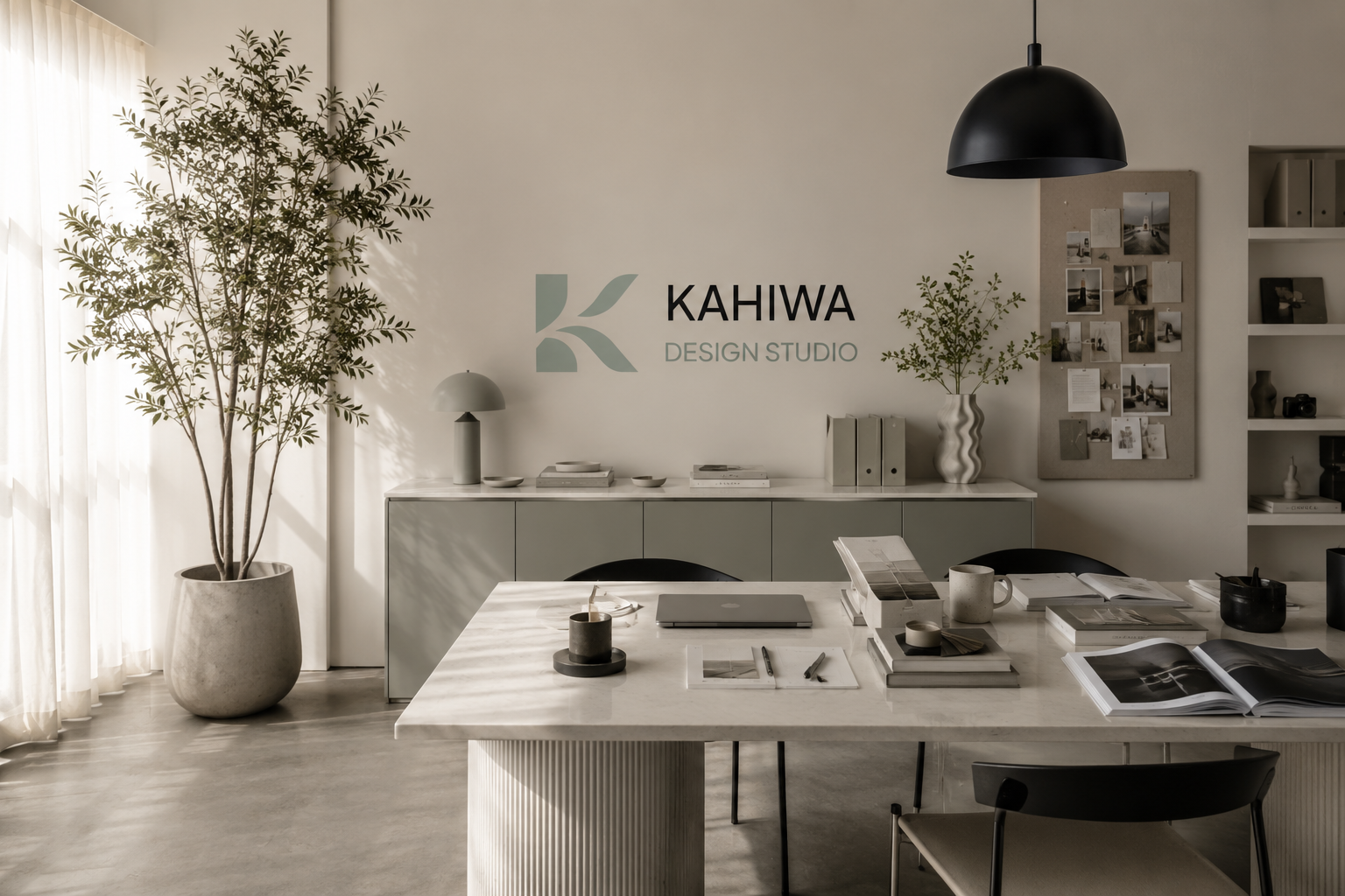 Minimalist design studio office with a large potted plant, desk, books, and decor, with a wall sign reading 'Kahiwa Design Studio'.