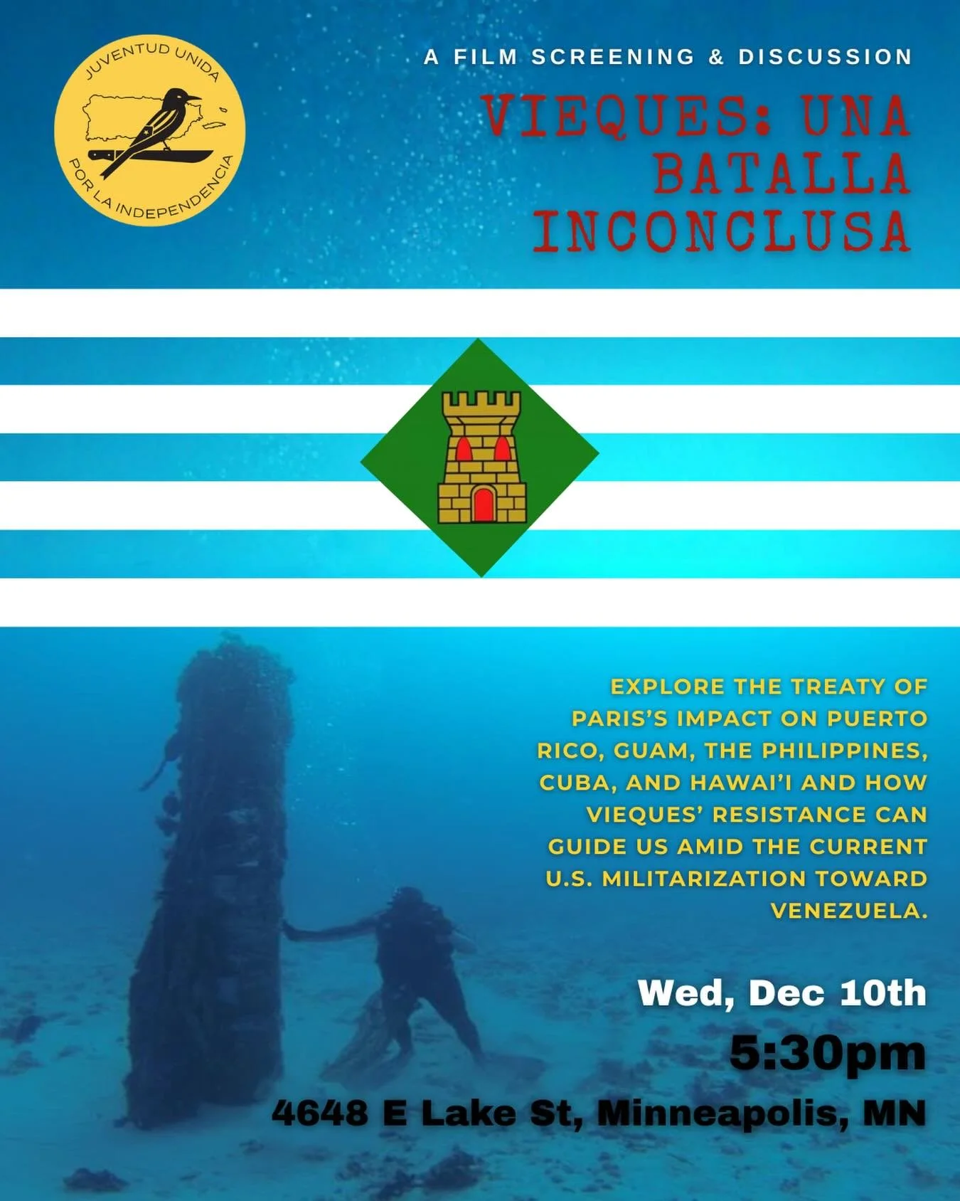 🍿 FILM SCREENING 🎥

Join us as we watch Vieques: una batalla inconclusa. A film about the lasting impact of US navy presence in Vieques since 1941. The film screening will be taking place on Dec 10th, which marks the anniversary of Spain handing us