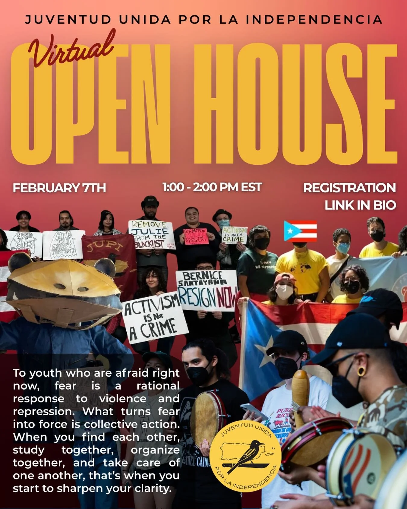‼️ VIRTUAL JUPI NATIONAL OPEN HOUSE ‼️

Come learn about who we are, the work in which we engage, and how you can get involved. 

📅 When? Saturday 2/7 at 1pm EST
🌴 Where? Registration link in bio (click more links on our profile bio)
🫱🏽&zwj;🫲🏼 