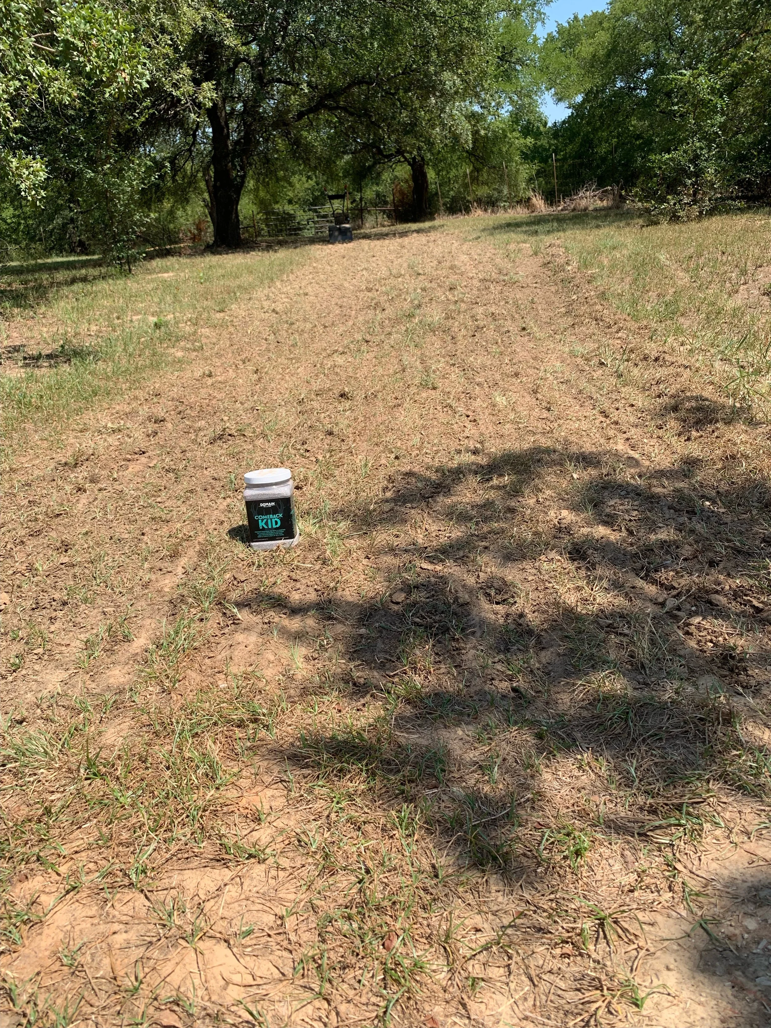 A bottle of dietary supplement labeled 'COMEBACK KID' placed on dirt ground with sparse grass, in an outdoor area with trees and a wire fence in the background.