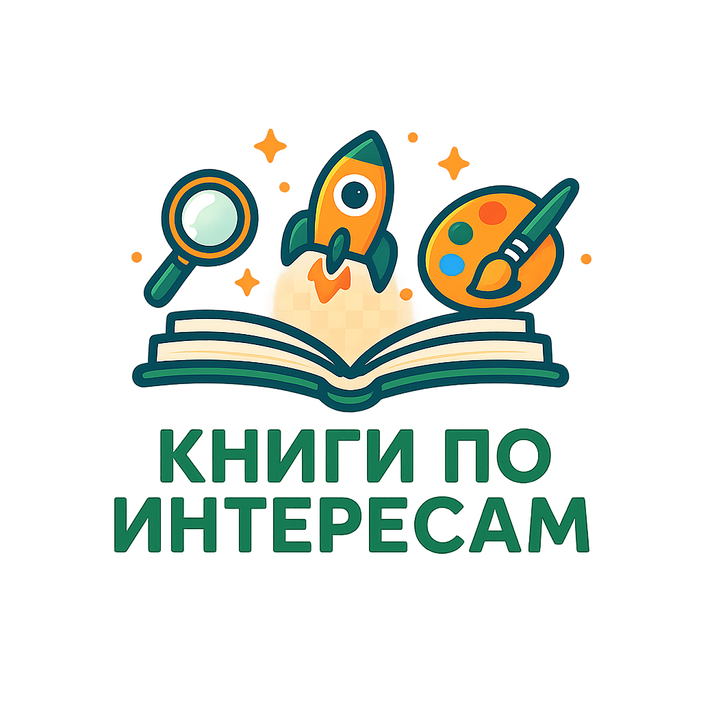 Open book with cartoon rocket, magnifying glass, and painter's palette above it. Green text in Russian below reads "Books on Interests".