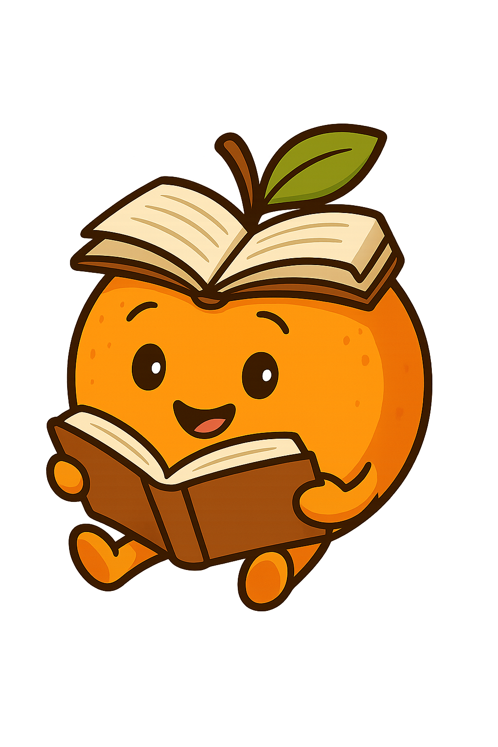 Animated orange with a green leaf, sitting and happily reading a book, with an open book on its head