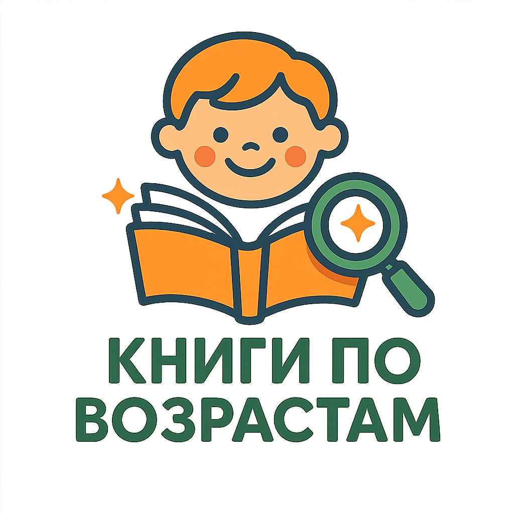 A cartoon illustration of a smiling child with short hair, holding an open book and a magnifying glass, with sparkles around them. Below is text in Russian that says 'КНИГИ ПО ВОЗРАСТАМ', which translates to 'Books by Age'.