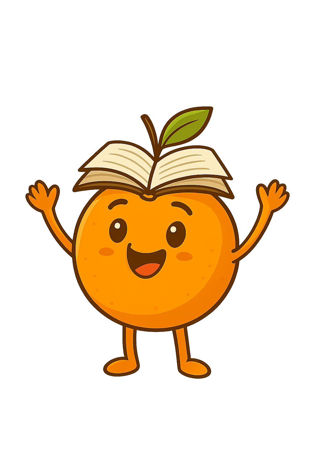 A cartoon orange character with a happy face, arms raised, and a green leaf on its head, with an open book on top of its head.
