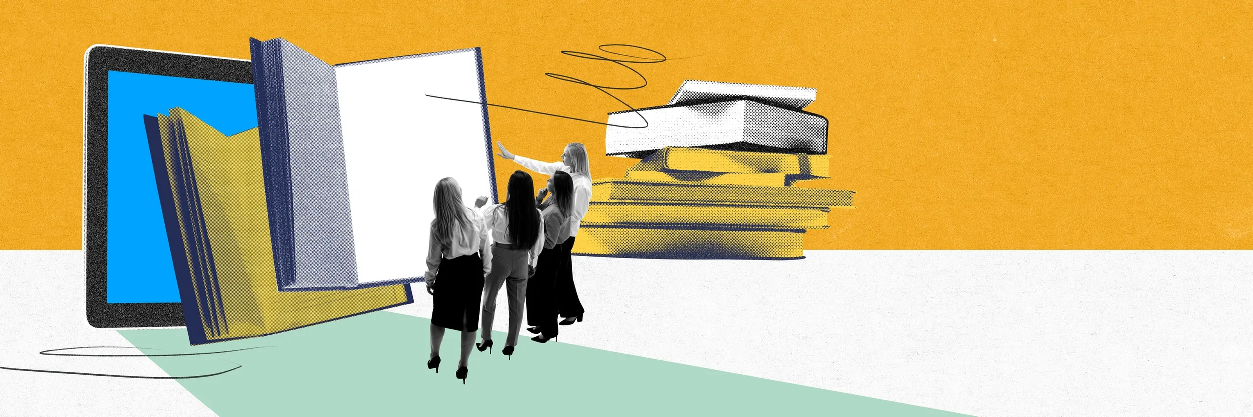 Illustration of four women in business attire looking at a large open book with abstract digital devices and books in the background.