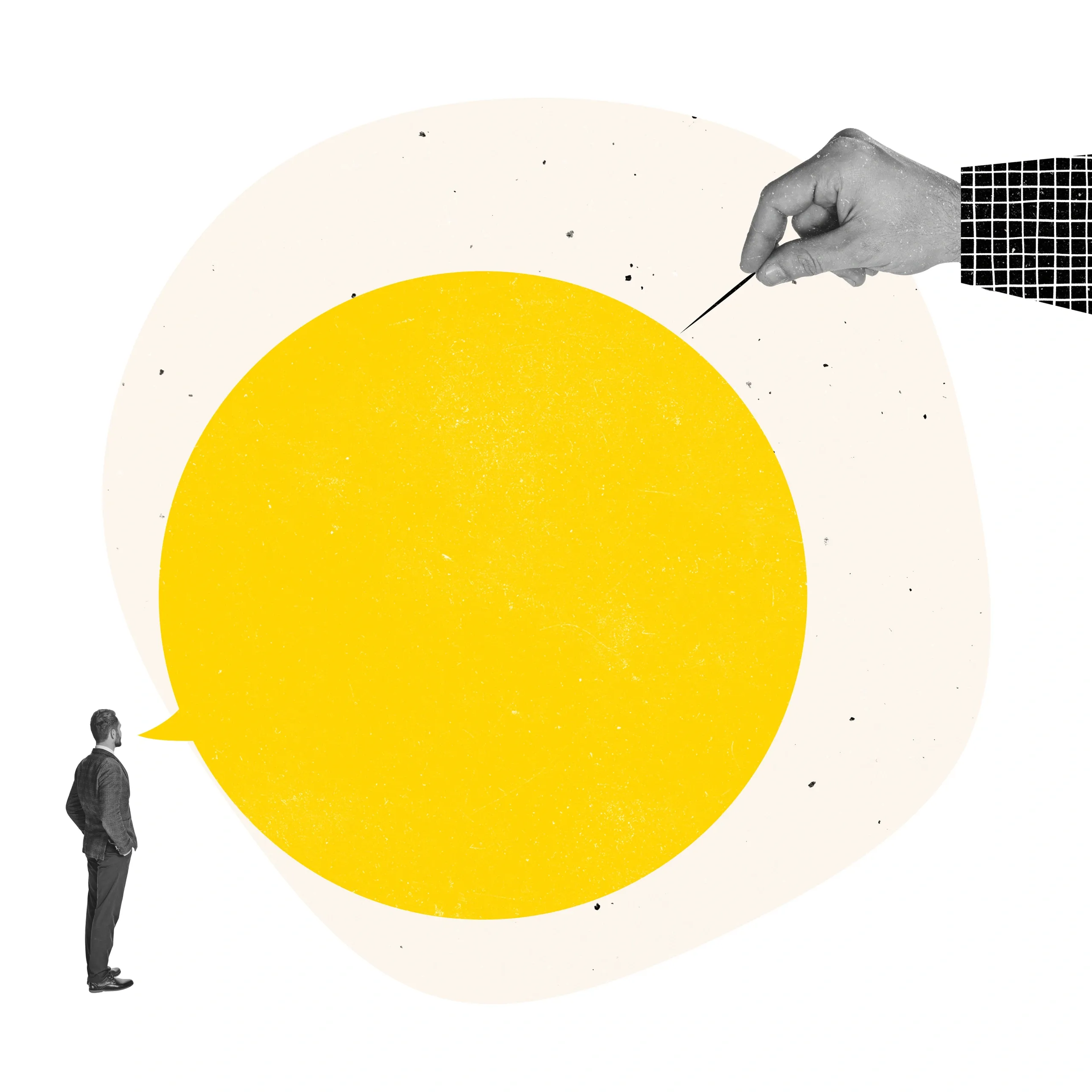 A person stands in profile looking at a large yellow circle with a textured surface, positioned on a white background with black speckles. A hand holding a pin appears to be drawing or pointing at the circle, and a small black-and-white man in business attire is positioned near the bottom left, gazing at the scene.