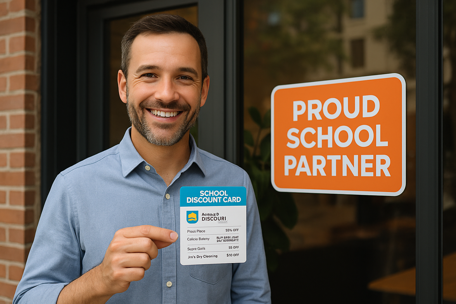 Smiling man holding a school discount card outside a school building with a sign that reads 'Proud School Partner'.