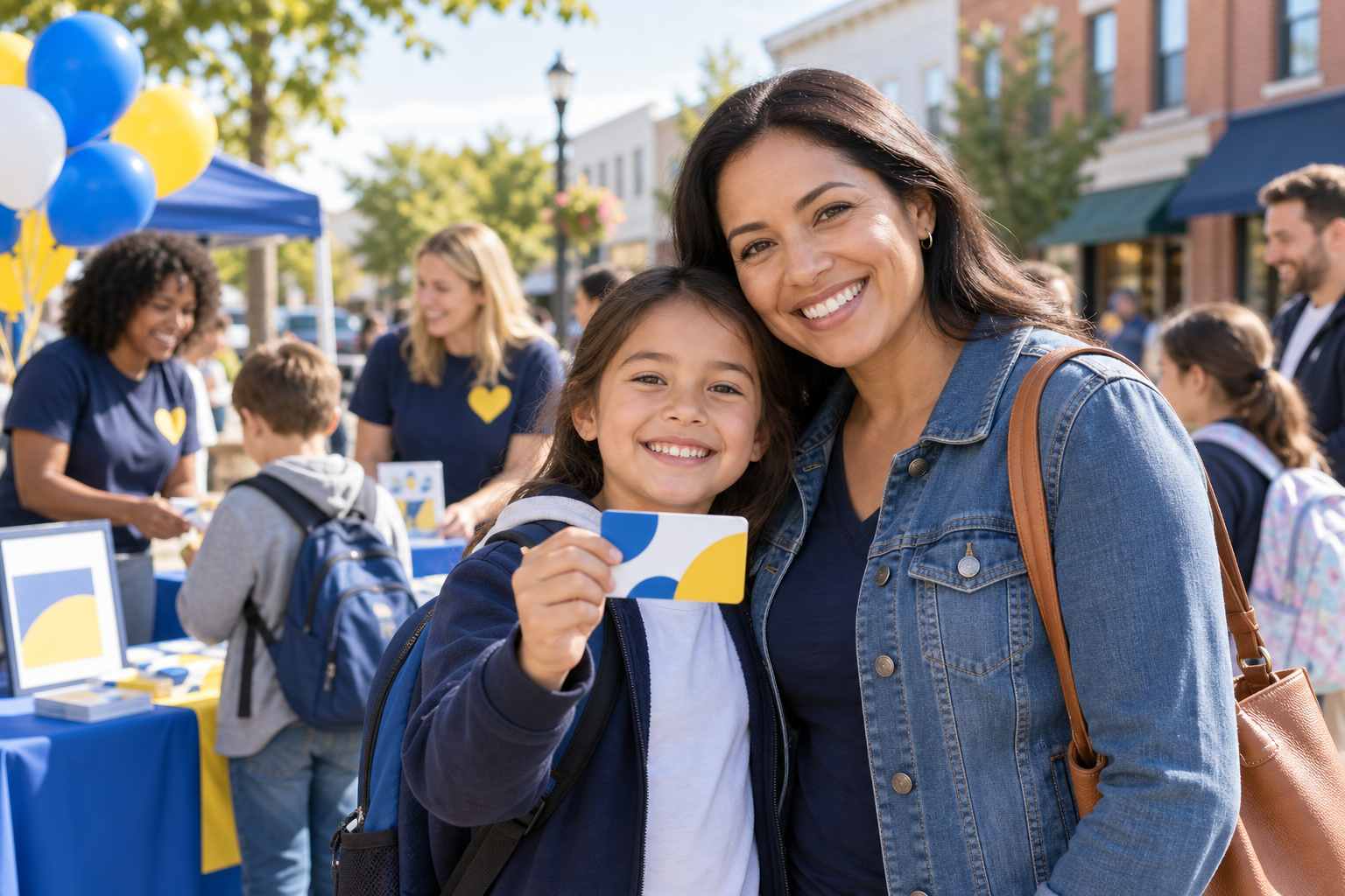 Parent and student holding a discount card at a school community fundraising event