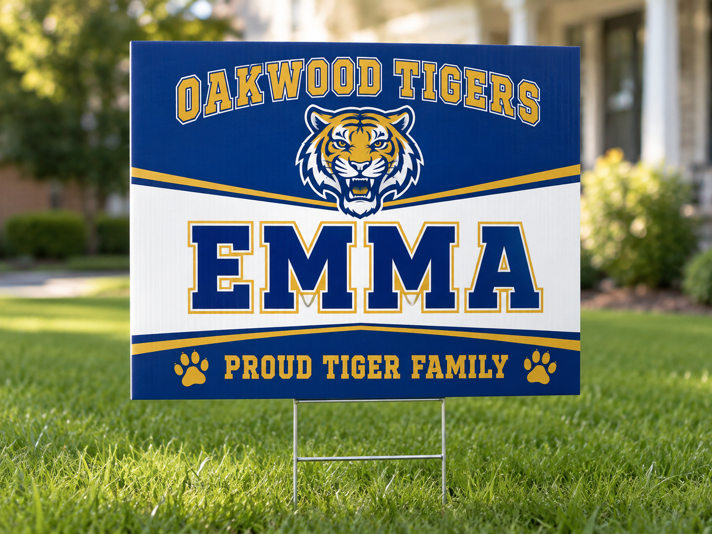 A personalized SchoolSpark spirit yard sign displayed outdoors