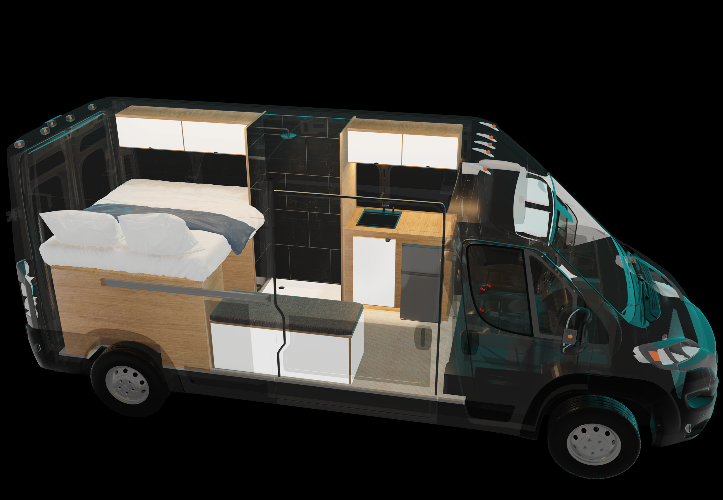 Interior of a converted camper van featuring a bed, compact kitchen with sink, storage cabinets, and a small seating area.