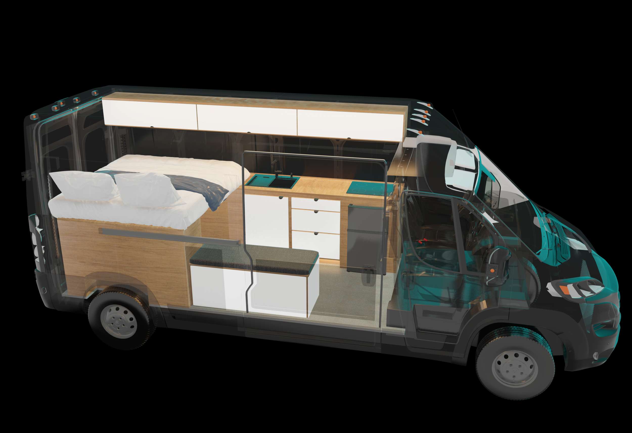 Cutaway view of a camper van with a bed, small kitchenette, and storage inside.