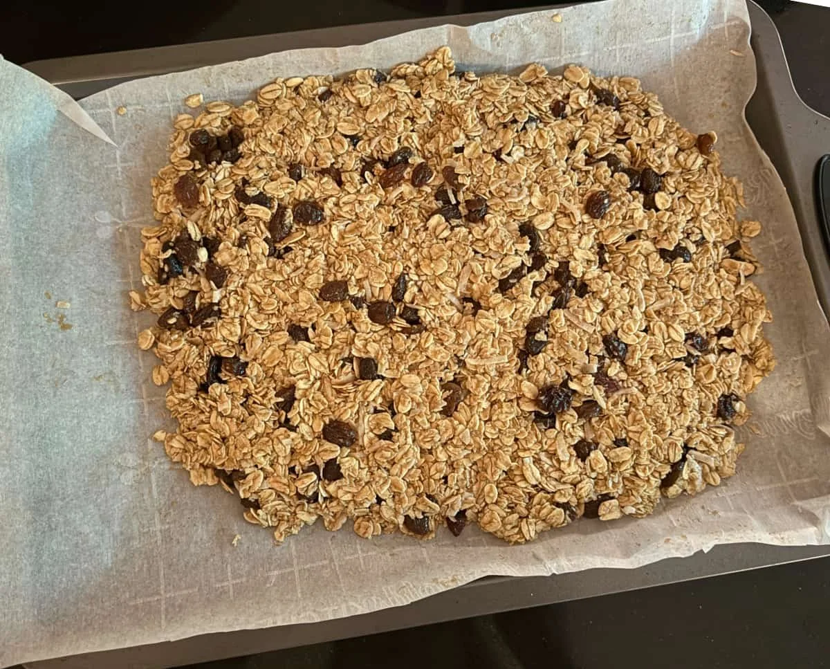 Freshly baked gluten-free oat bars with raisins and coconut cooling on a cookie sheet