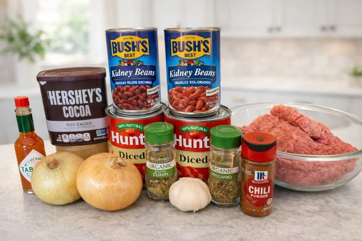 Ingredients for gluten-free, dairy-free turkey chili, including ground turkey, kidney beans, tomatoes, onions, garlic, spices, and cocoa powder.