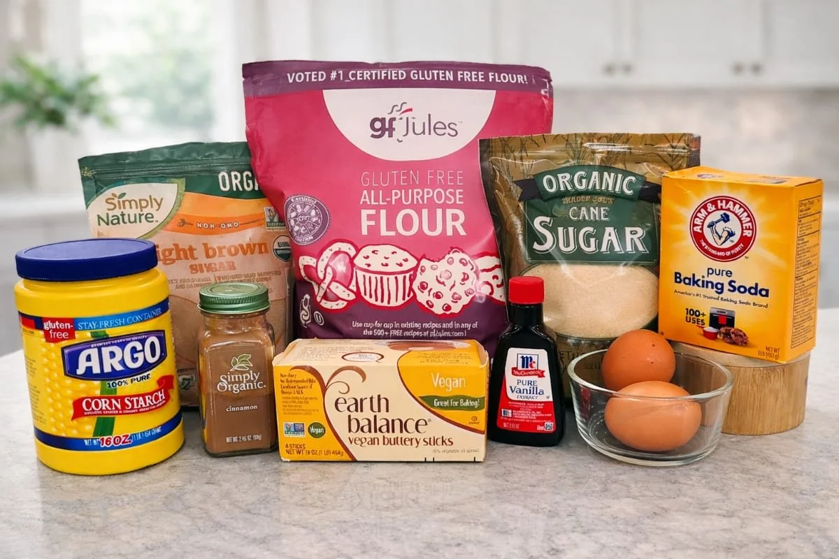 Ingredients for gluten-free oatmeal cookies, including gluten-free flour, dairy-free butter, eggs, sugar, baking soda, vanilla, and cinnamon.