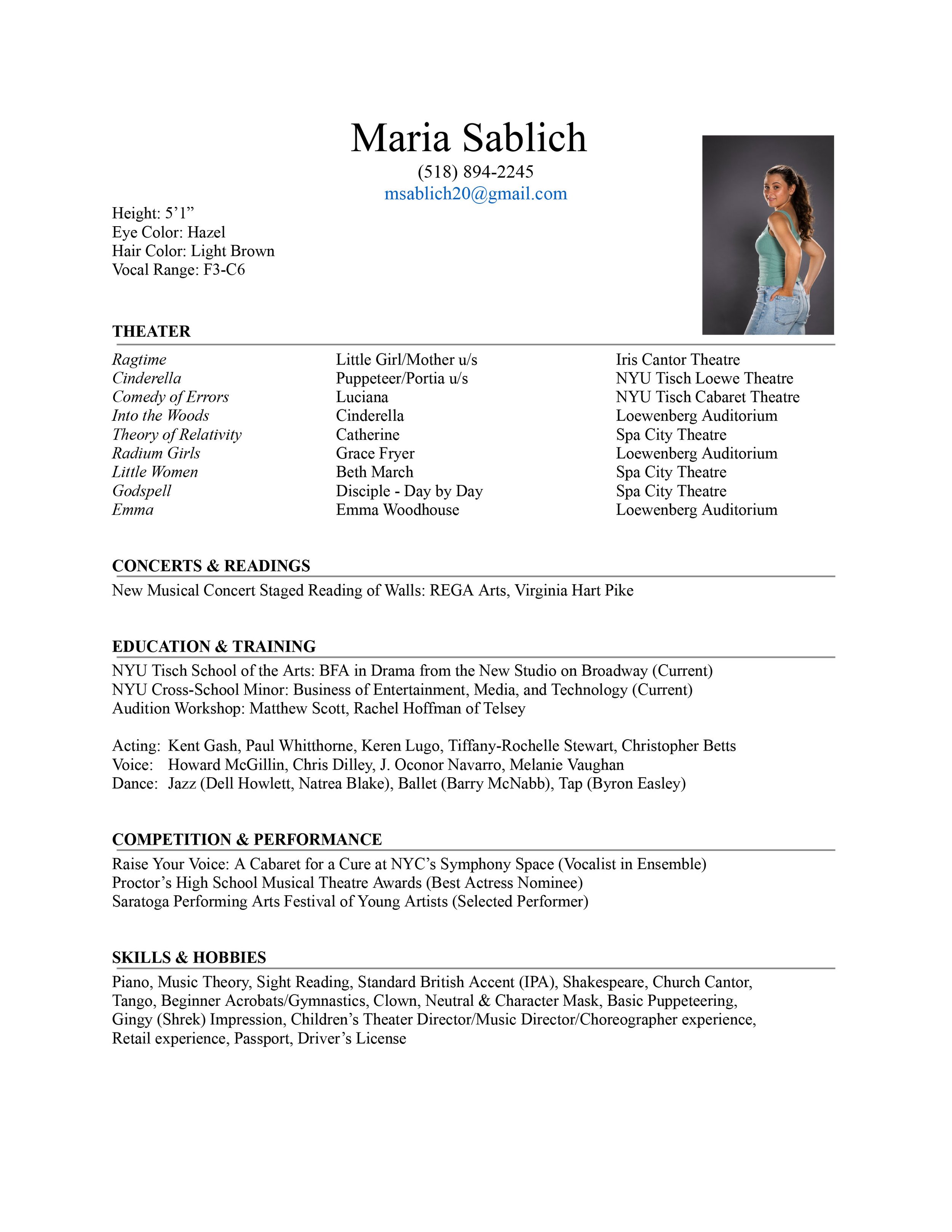 Resume of Maria Sablich showing personal details, education, skills, and theater experience with a photo of a young woman with long dark hair, wearing a teal top and jeans, standing against a gray background.