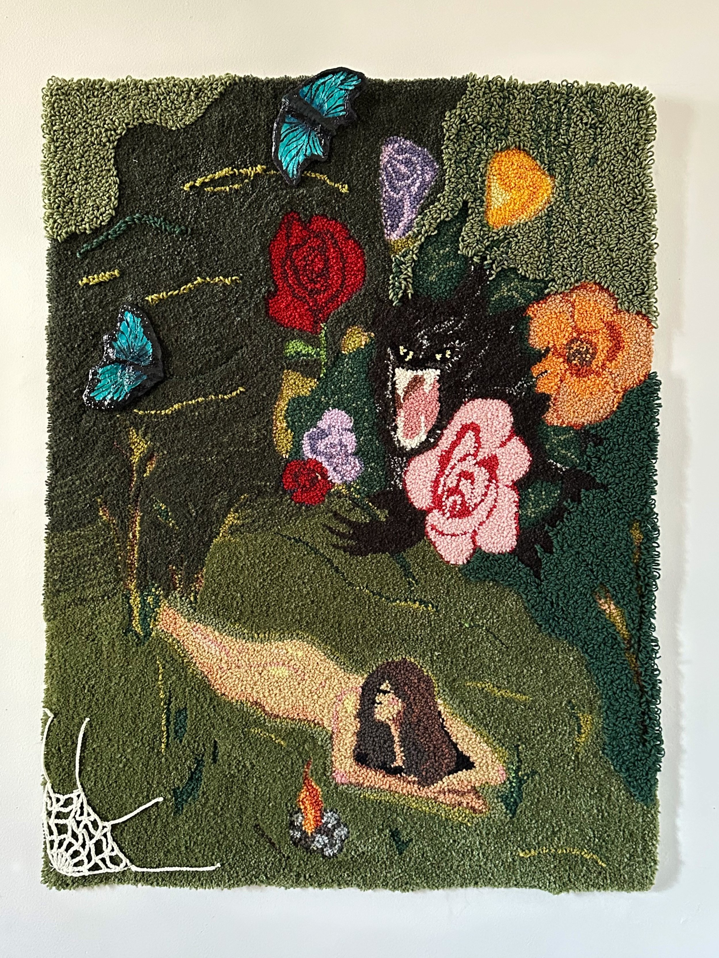 'Ambush' 2025. Hand and machine tufted wool rug, crochet, and handmade plaster bugs. 32"x44"
