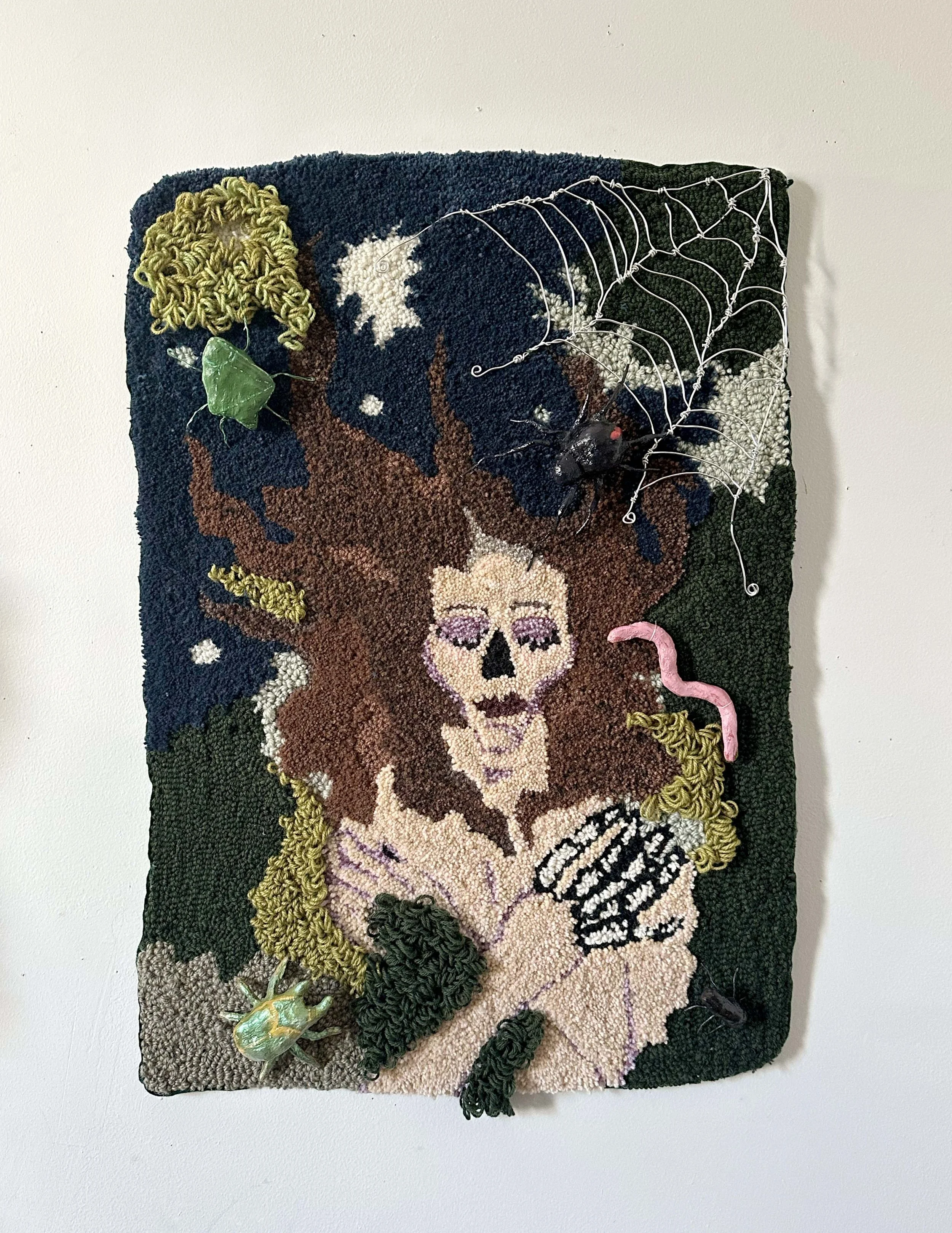 Everything Is Much Better Now | Tufted wool rug with wire, and plaster bug additions | 20"x24" | 2026