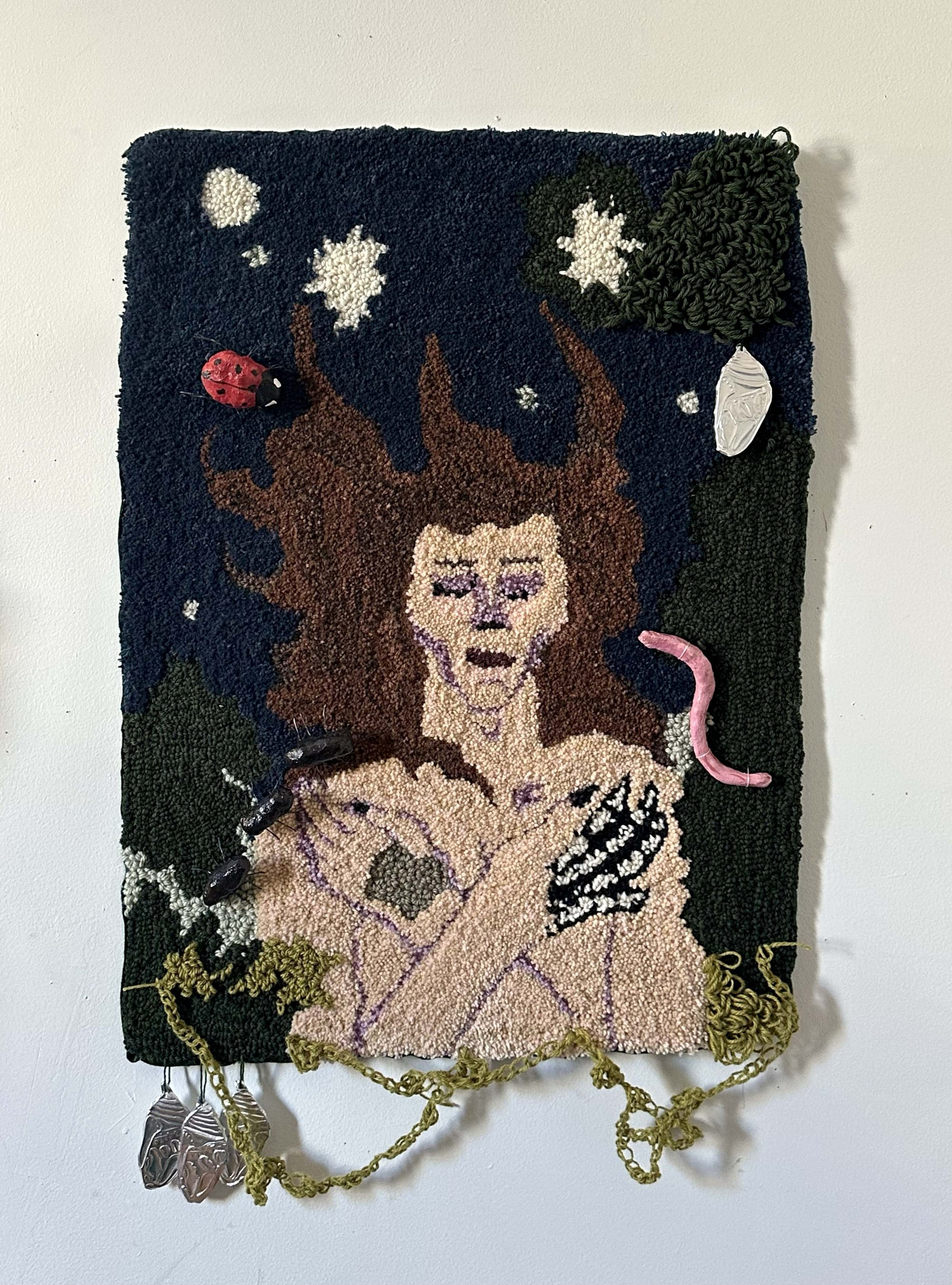 The Need for Peaceful Decomposition | Tufted wool rug with crochet, foil embossing, and plaster bug additions | 20"x24" | 2026