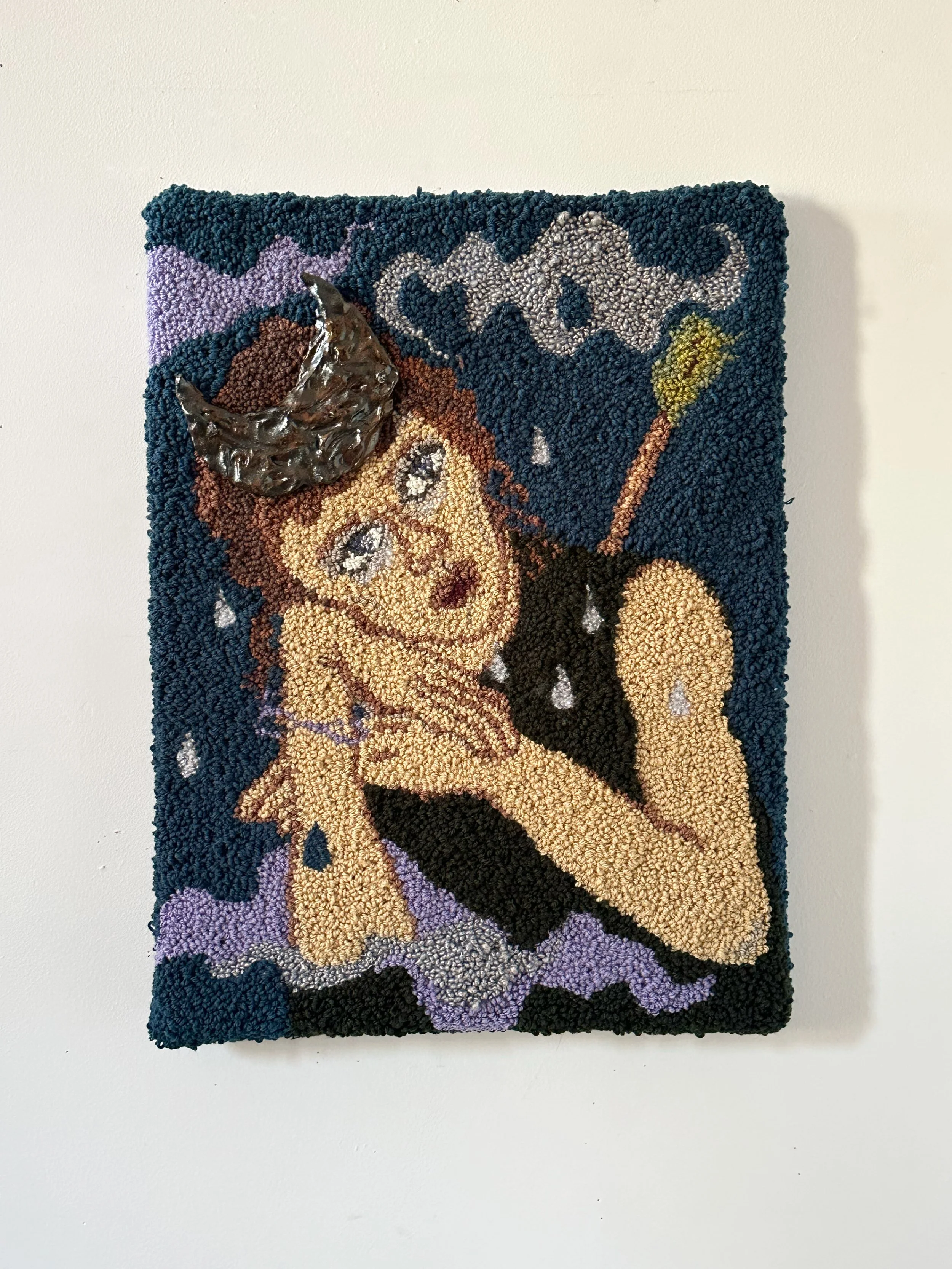 Me as Artemis | Hand tufted wool rug with ceramic moon | 18"x24" | 2026