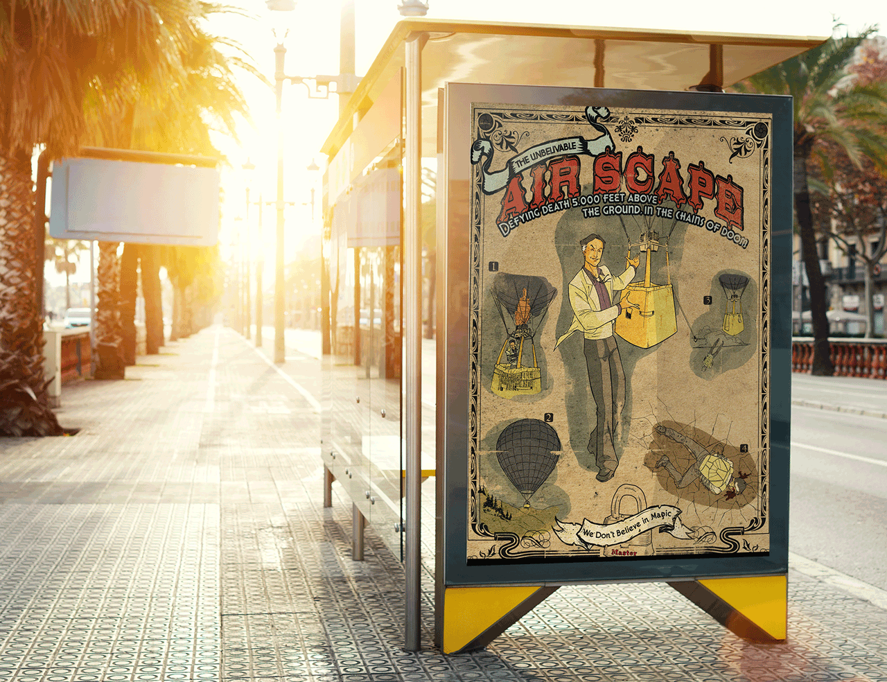 A bus stop advertisement on a city sidewalk showing a vintage-style illustration of a man and various sci-fi and adventure elements with the title 'Air Escape' and the slogan 'We Don't Believe in Magic.' The background features a sunny street lined with palm trees.