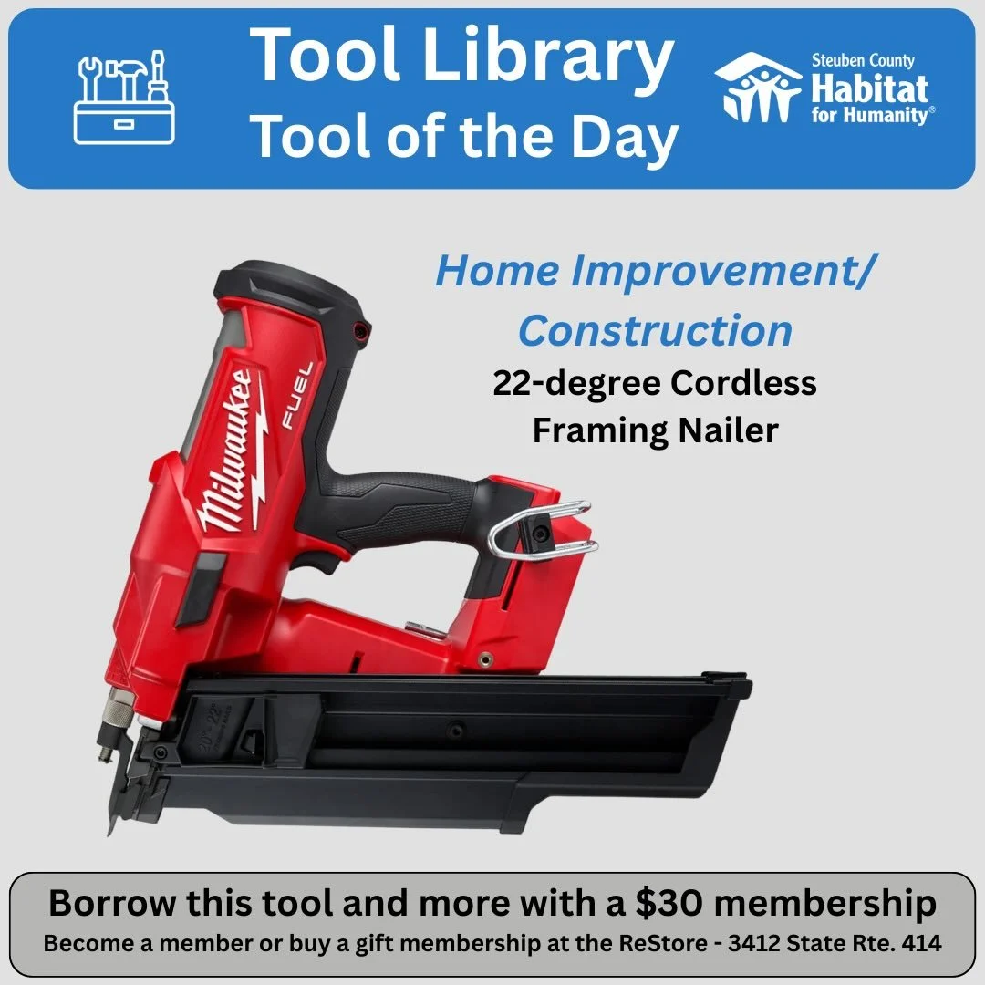 This quiet, powerful nailer will make any construction project involving 2x4&rsquo;s much easier. It&rsquo;s one of many state-of-the-art tools available to all members of the Steuben County Tool Library for only $30 a year. Get more information thro