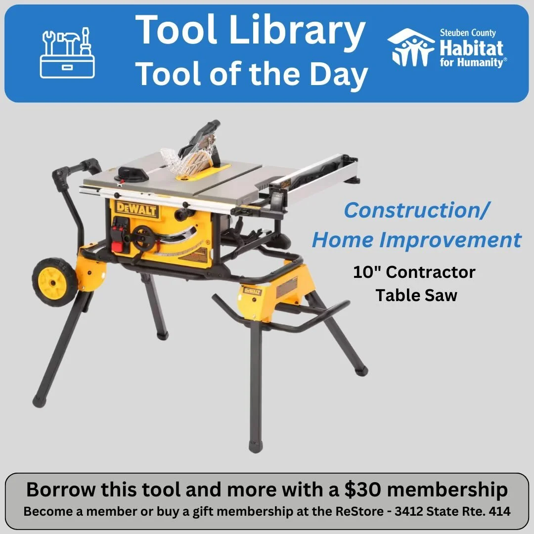 This 10&rdquo; portable contractor/table saw has all the power and features you need for remodeling, construction or craft projects. The unique rack and pinion fence allows for square, accurate cuts with a turn of the dial. Borrow it today with a $30