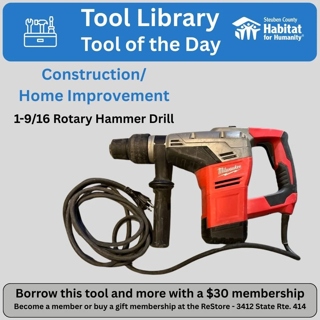 Need to drill a hole in cement or chip away concrete?  This heavy duty rotary hammer drill is the tool for you. As a member of the @sctoollibrary you can borrow it any time. @corningrestore @steubenhabitat @habitatchemung #toollibrary #toolshare