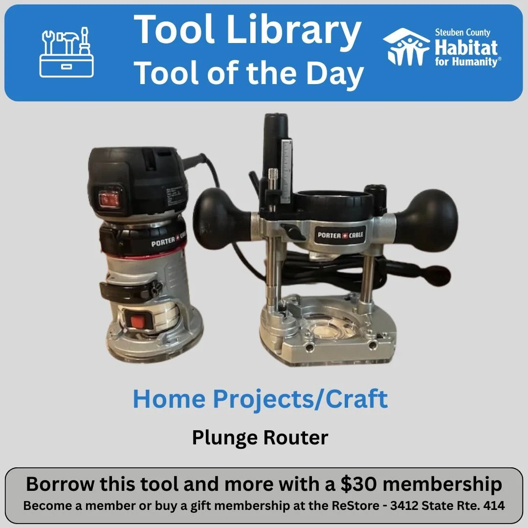 This router is an amazing tool for finishing edges, cutting holes and more. Borrow it with one of our bit sets and explore all it can do. @sctoollibrary @steubenhabitat  @corningrestore @habitatchemung #toollibrary #toolshare