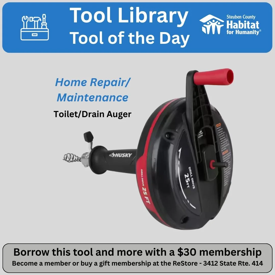 Have a clogged or slow drain?  This auger can help you get things flowing smoothly again.  It comes with a manual crank and also can be attached to a cordless drill. You can borrow it when you need it as a member of the @sctoollibrary @steubenhabitat