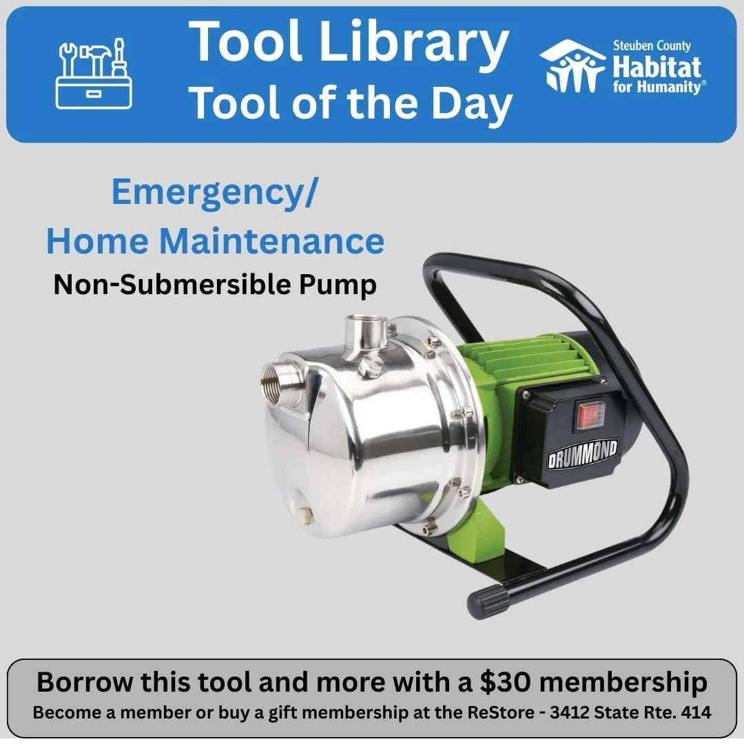 Got a pool or flooded basement to drain. Being a member of @sctoollibrary can help you when you&rsquo;re in a bind with tools like this non-submersible pump. We also have hose to borrow. @corningrestore @steubenhabitat @habitatchemung #toollibrary #t
