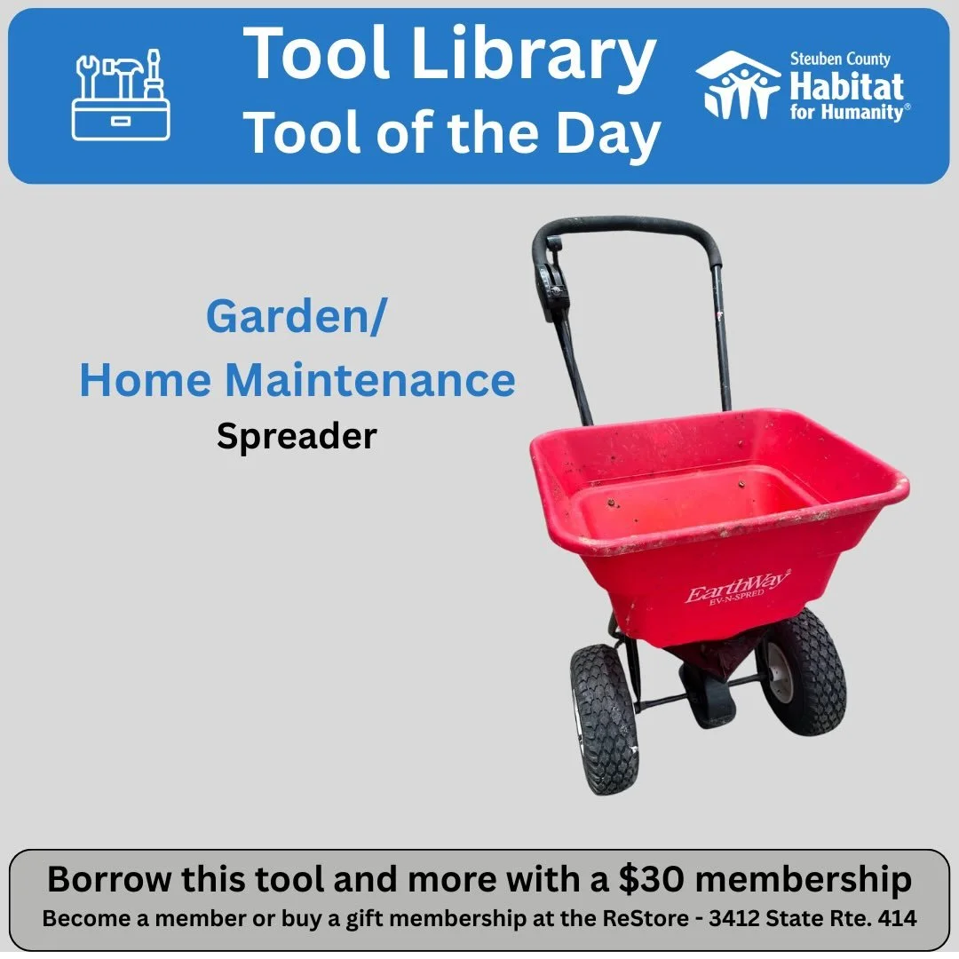 Need to spread some salt, sand, fertilizer or grass seed?  This handy spreader can do it all. You can borrow it when you need it as a member of @sctoollibrary @corningrestore @steubenhabitat @habitatchemung ##toollibrary #toolshare