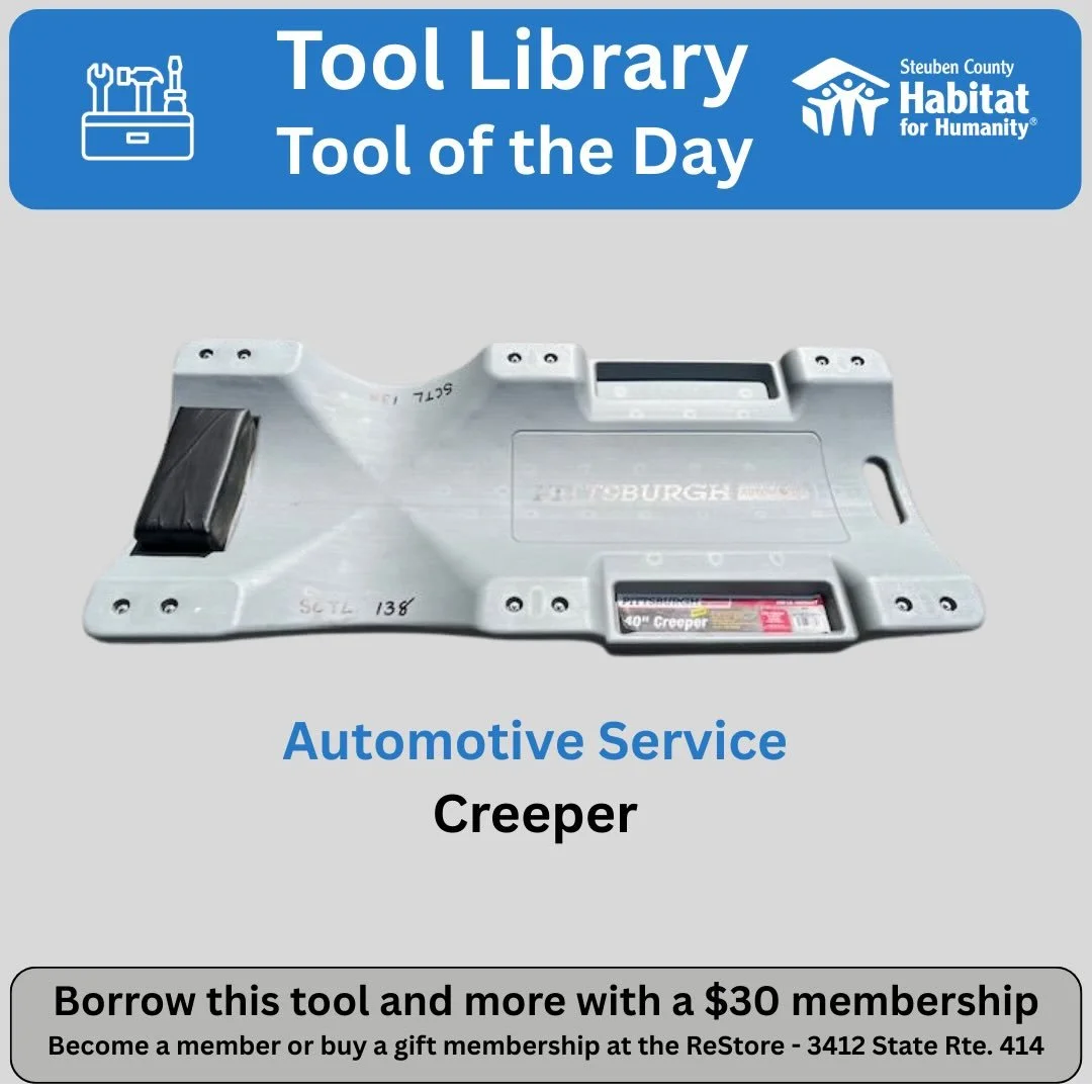 Working under a vehicle is never too fun, but this creeper can make the moving around part a lot easier. Members of the @sctoollibrary can borrow this an other tools for automotive maintenance for just $30 a year. @steubenhabitat @corningrestore @hab