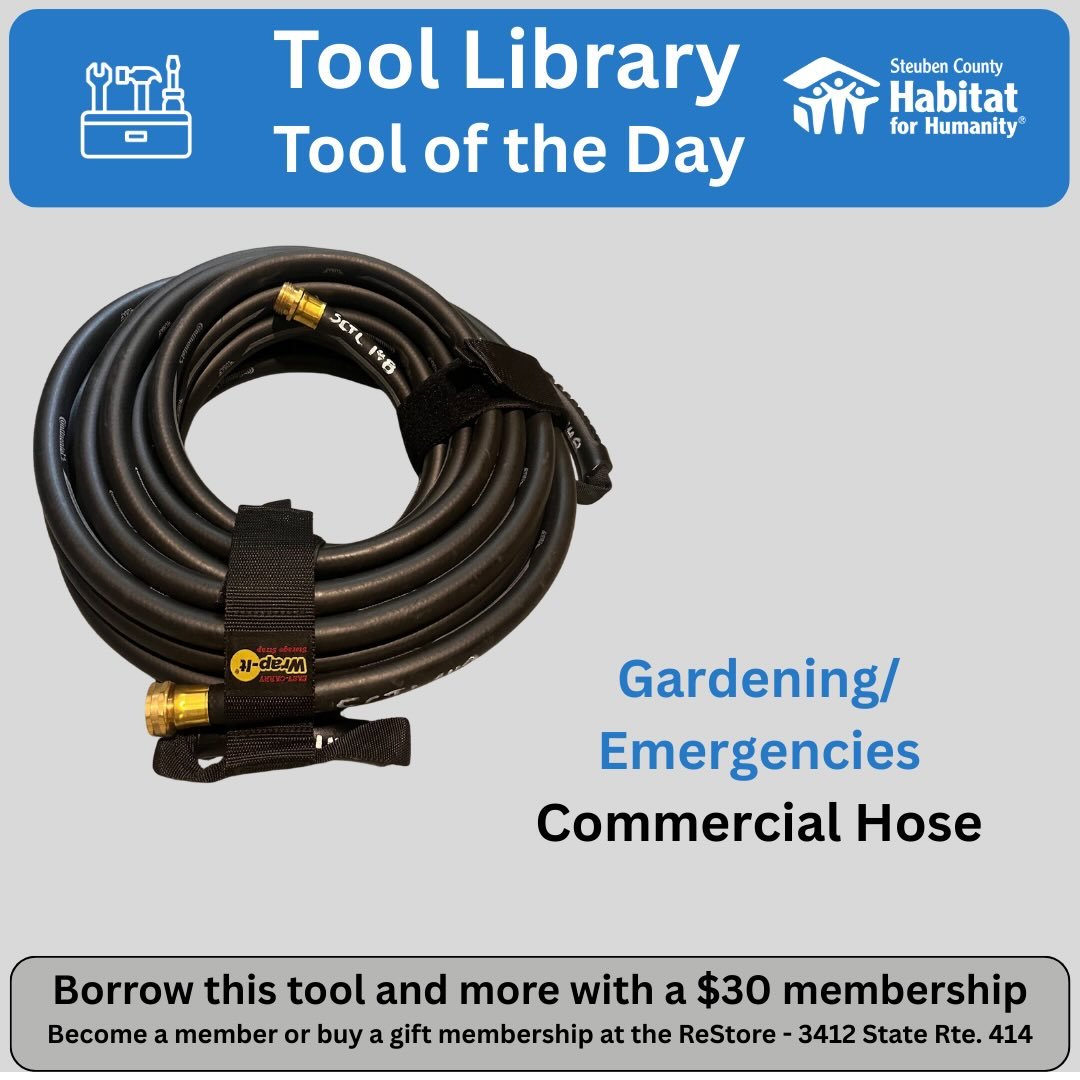 Need a commercial quality hose for watering, pressure washing or pumping out a pool or basement?  As a member of the @sctoollibrary you can borrow this ours. @steubenhabitat @habitatchemung @corningrestore #toollibrary #toolshare