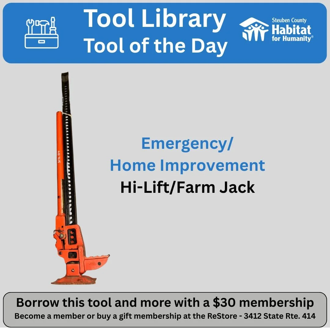 When you&rsquo;re in a tight spot and need to open it up this farm jack can give you a hand. This is just one of four different jacks you can borrow as a @sctoollibrary member. Join today for only $30 a year.  @steubenhabitat @habitatchemung @corning