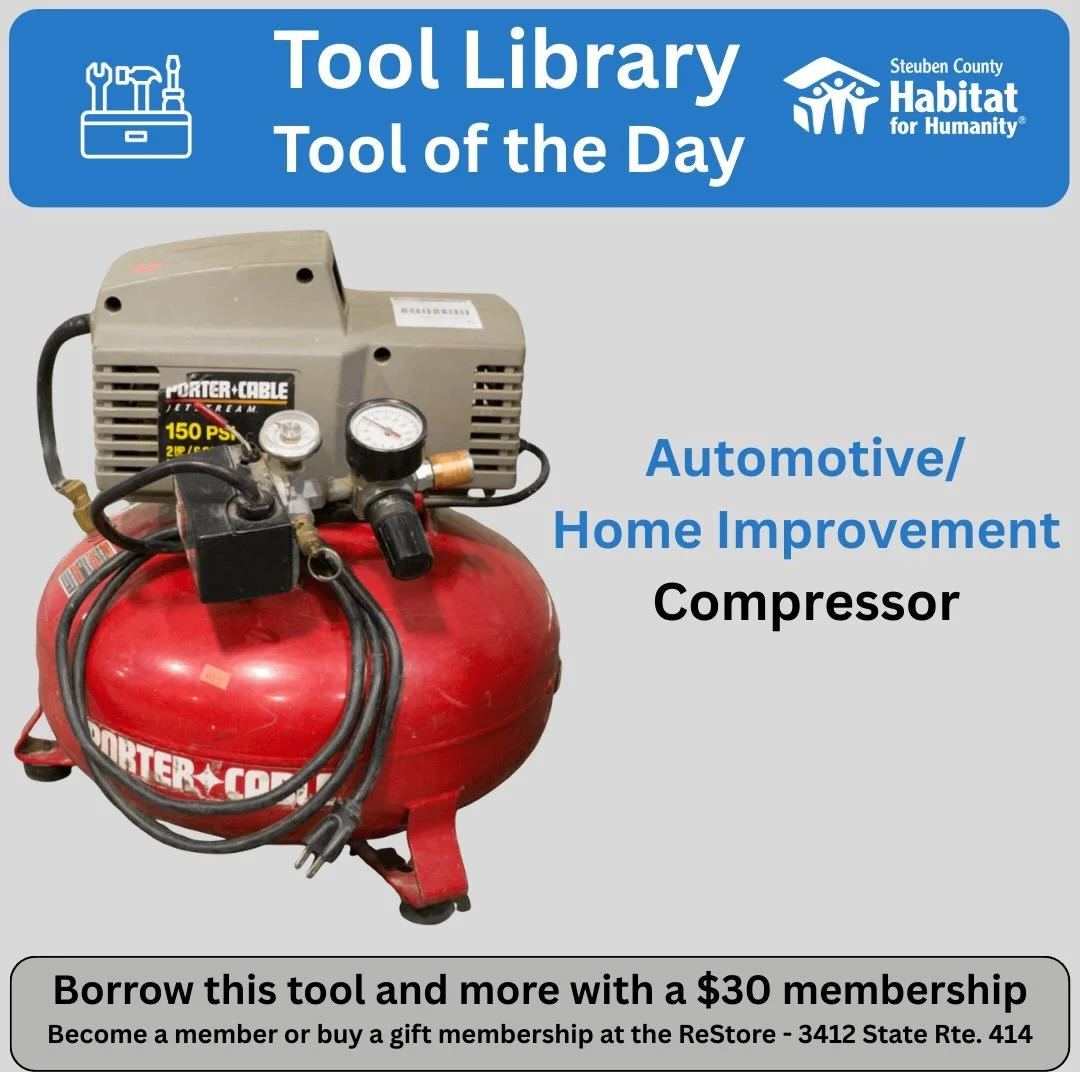As a member of the @sctoollibrary you can borrow this handy pancake compressor for everything from driving  pneumatic tools (like our flooring nailer) to filling tires. This tool is just one of over 150 you can borrow. @corningrestore @steubenhabitat
