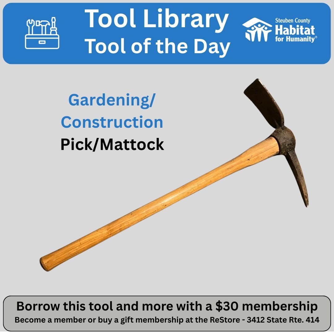 It&rsquo;s a pick, it&rsquo;s an axe. It can dig, it can cut through earth, roots and more. You know when you need it. As a @sctoollibrary member you can borrow it when you do. @corningrestore @steubenhabitat @habitatchemung #toollibrary #toolshare