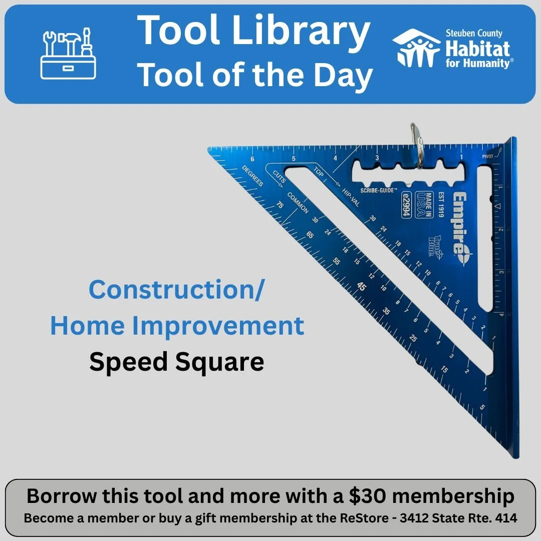 If you have a project that involves cutting lumber this quality speed square is indispensable. If you haven&rsquo;t used one before, just do a YouTube search and you will see how much time they can save you. @sctoollibrary members can borrow this and